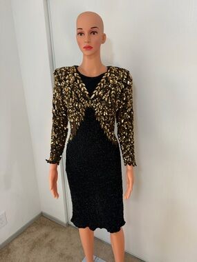 Vintage Nite Waves Samir Suri Black Gold Beaded Dress Open Back Glam Size S